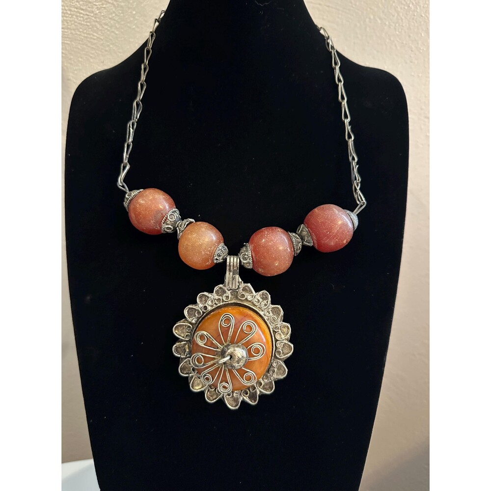 Vintage 1970s Bakelite Pendant Necklace, Resin Beads, Boho Statement